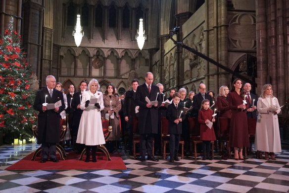 Front row from left: King Charles III, Queen Consort Camilla, Prince William, Prince George, Princess Charlotte, Princess Catherine, and Sophie, Countess of Wessex, during the ‘Together at Christmas’ Carol Service in London.