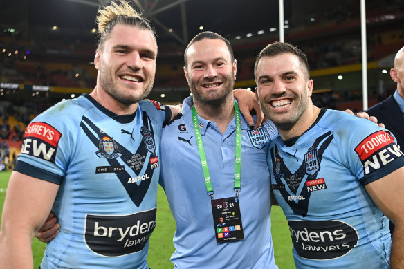 Retired NSW player Boyd Cordner celebrating with the Blues after their State of Origin series clinching victory.
