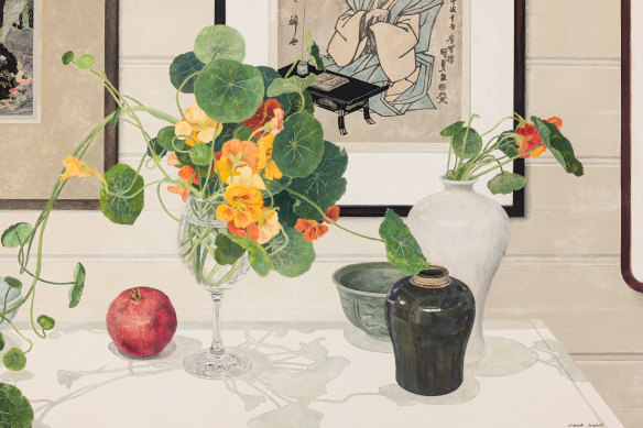 Cressida Campbell’s Shelf still life 2012 woodblock, painted in watercolour.