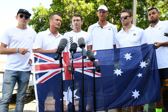 Australia's ATP Cup team (from left): Alex de Minaur, captain Lleyton Hewitt, John Millman, Chris Guccione, John Peers and Nick Kyrgios.