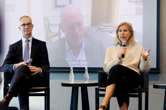 Jacob Mitchell from Antipodes Investment Management, Nikki Thomas from Magellan Financial Group, and Mark Holowesko from Holowesko Partners, appearing remotely on the screen.