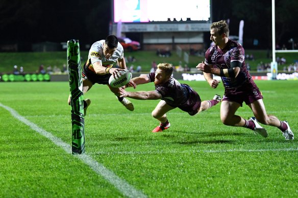 Charlie Staines flies high to cross for his second try on Saturday night.