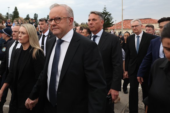 Prime Minister Anthony Albanese arrives at the vigil at Bondi on Sunday evening.