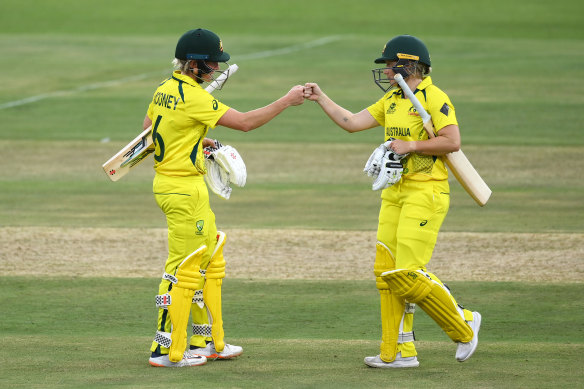 Beth Mooney and Alyssa Healy after guiding Australia to a win over Sri Lanka at St George’s Park in South Africa on Thursday.