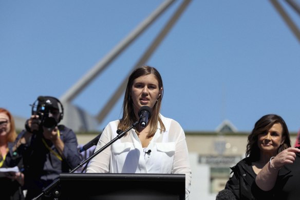 Brittany Higgins speaks at the March 4 Justice protest outside Parliament House.
