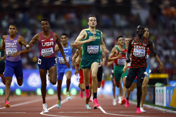 Australia’s Adam Spencer (centre) setting the pace in the 1500m heat alongside Kenya’s Abel Kipsang and US runner Yared Nuguse.
