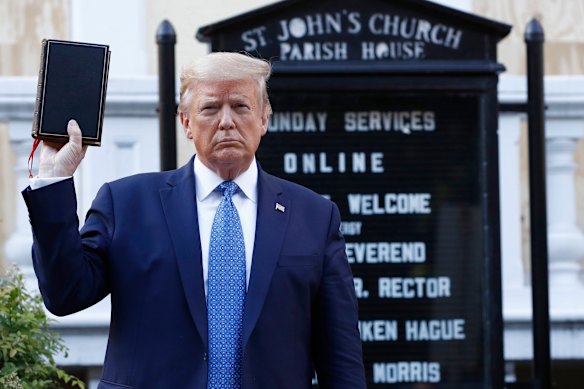 President Donald Trump holding a Bible outside St John’s Church across Lafayette Park from the White House in Washington.