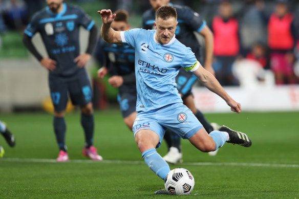 Scott Jamieson gives Melbourne City a 2-1 lead from the penalty spot.