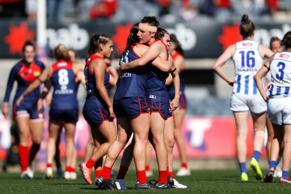 That winning feeling: Karen Paxman with teammates.