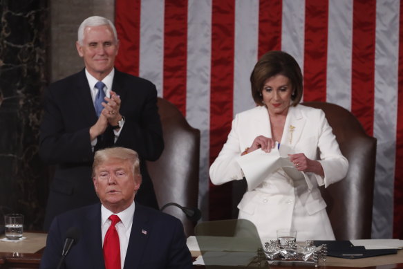 Speaker of the House Nancy Pelosi rips up papers after President Donald Trump delivers the State of the Union address last year.