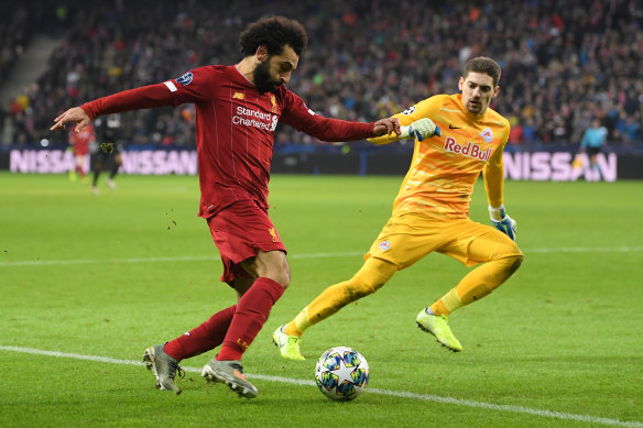 Mohamed Salah scores Liverpool's second goal against Salzburg.