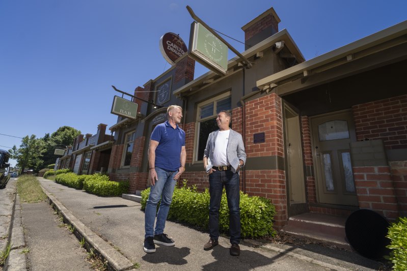 Waiting for the doors to open: Investors Greg Hocking, left, and Wayne Elly paid about $2 million with Joe Bartolo for the Savoia Hotel in Hepburn Springs.