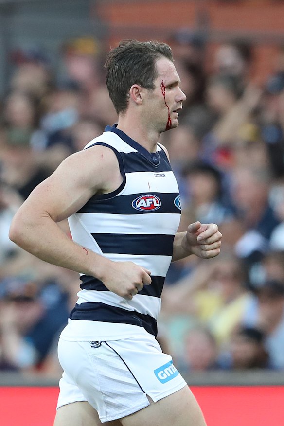 A bloodied Patrick Dangerfield comes off during the clash with Adelaide.