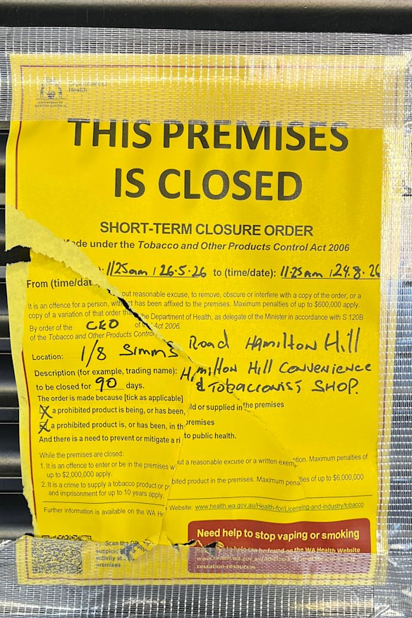 Convenience stores in Hamilton Hill, Perth, are closed under new laws aimed at halting the sale of illicit tobacco and vapes.