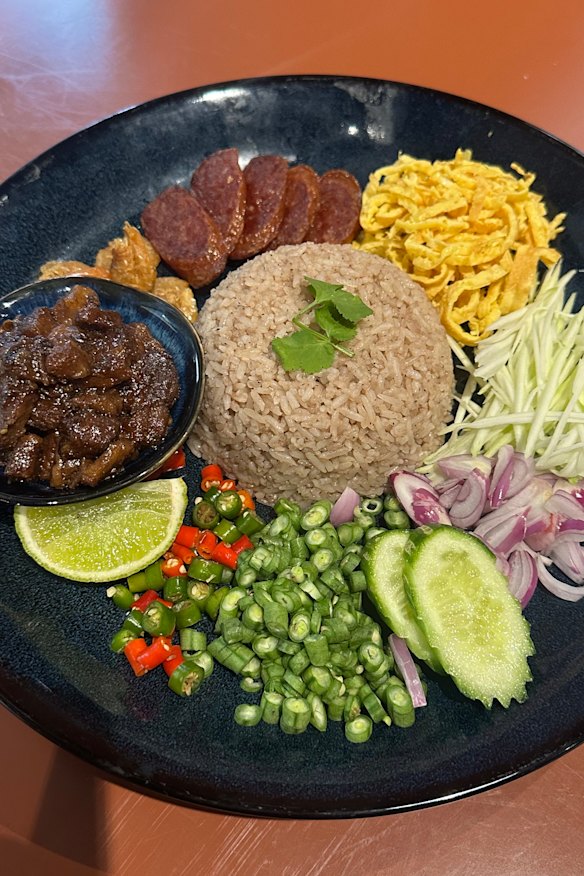 Khao kluk kapi (shrimp paste fried rice) with pork, Chinese sausage and more.