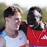 Rivals and friends: Lachie Kennedy and Gout Gout embrace.