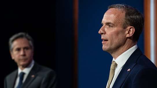 British Foreign Secretary, Dominic Raab, right and US Secretary of State, Antony Blinken, left, hold a joint press conference at Downing Street in London, England. 