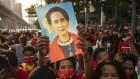 Protesters outside Myanmar’s embassy in Bangkok on Monday.