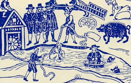 Witchcraft trial . Lowering suspected witch into the water to find out if she would survive and therefore be regarded as a witch.   England, 17th century.