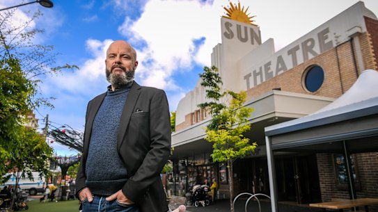 Rob Murphy, projectionist and director, outside the Sun Theatre in Yarraville.