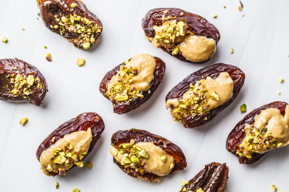 Peanut butter stuffed dates (with optional pistachios) are a healthy snack.