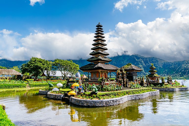 Pura Ulun Danu Bratan temple, with its multi-tiered shrine, and Lake Bratan, is famed Balinese landmark.