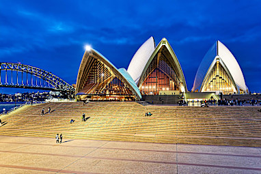 Sydney Opera House and Harbour Bridge at dusk, Australia.
