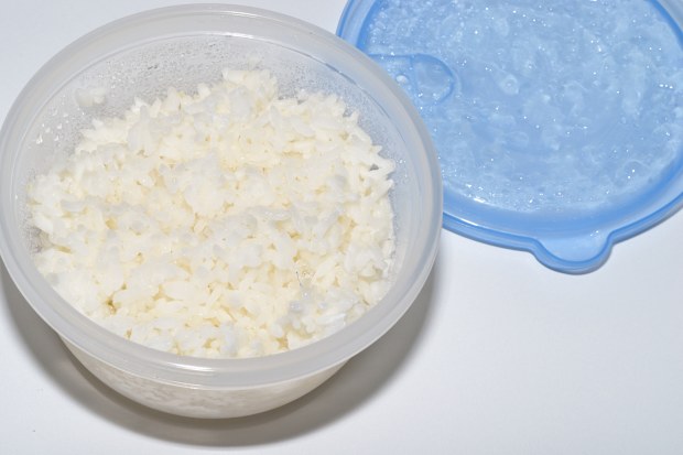 Stock image of cooked rice in a plastic container