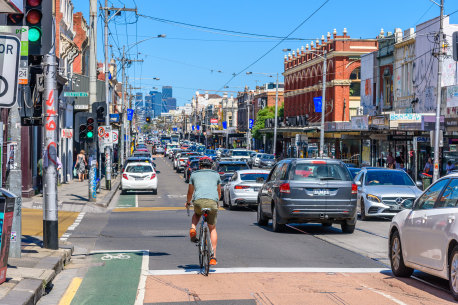 A very busy Sydney Road in Brunswick on a sunny day.