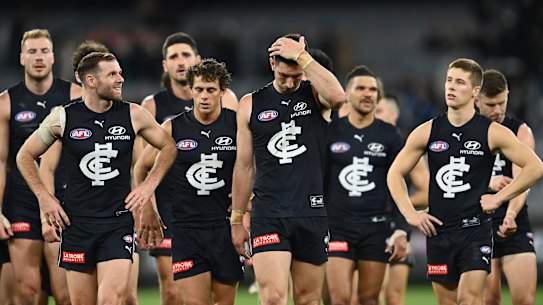 Carlton players leave the field after the loss to Port Adelaide on the weekend.
