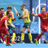 Pau Quemada Cadafalch celebrates his equaliser for Spain against Australia.