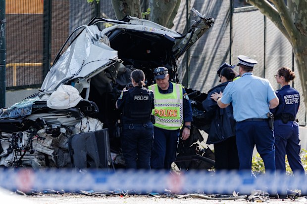 The female constable was a passenger in a fully marked police vehicle travelling under lights and sirens along Gibbons Street, Redfern, when it crashed into a tree.