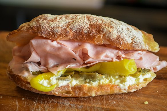 The Bologna with mortadella, stracciatella, pickled peppers and olives at Stefanino Panino.