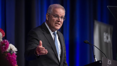 Prime Minister Scott Morrison making his remarks on climate policy during a speech on Monday night at the Business Council of Australia’s annual dinner.