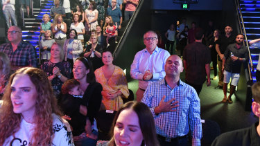 Prime Minister Scott Morrison and his wife Jenny singing during an an Easter Sunday service at his Horizon Church during the 2019 federal election campaign.