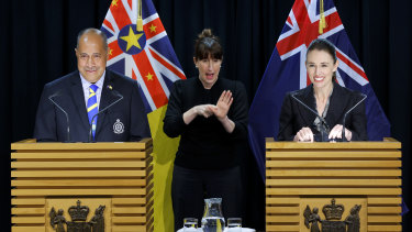 Niue president Dalton Tagelagi and New Zealand prime minister Jacinda Ardern speak to media during a press conference in New Zealand in July. 