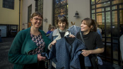 I'll have that: C.J. Dobson, centre, lent her Gorman jacket to Marcella van Blaricum, left, via clothes sharing website Tumnus. Jacqui, right, is next in line to borrow it. 