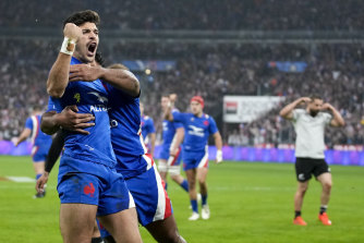 France’s Roman Ntamack celebrates after scoring his team’s second try.