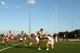 Cody Walker runs at Matt Dufty during the Charity Shield match in Mudgee.