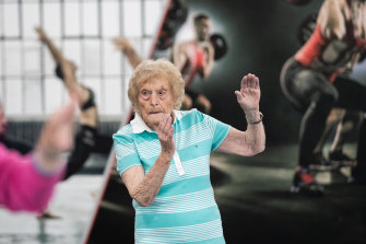 Edna Sheppard, 100, works out at the Broadmeadows Aquatic and Leisure Centre.