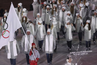 Athletes from Russia compete under the Olympic flag at the 2018 Winter Games in South Korea.