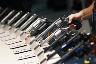 American guns on display at a gun show in Las Vegas.