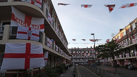Flags on display at the Kirby Estate ahead of the semi-final against Denmark.