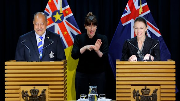 Niue president Dalton Tagelagi and New Zealand prime minister Jacinda Ardern speak to media during a press conference in New Zealand in July. 