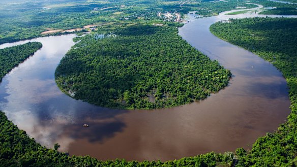 The Nanay River, a tributary of the Amazon River, bends in the Peruvian jungle.