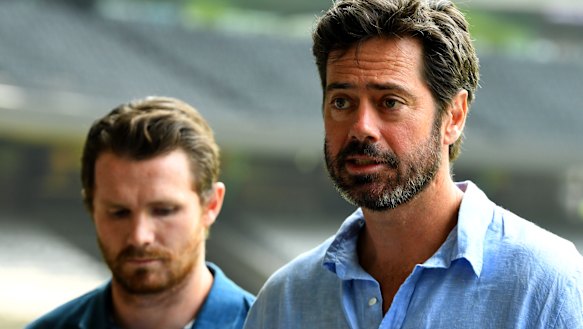 AFL CEO Gillon McLachlan (right) and AFLPA President Patrick Dangerfield address the media this week.