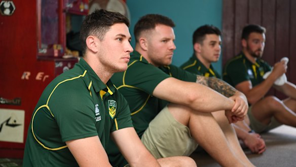 Parramatta Eels Mitchell Moses, Nathan Brown, Reed Mahoney and Clint Gutherson in Maika Sivo's home town in Fiji.