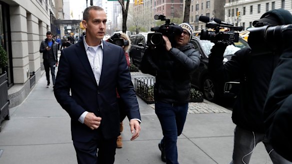 Corey Lewandowski leaves a New York hotel on April 10, 2018.