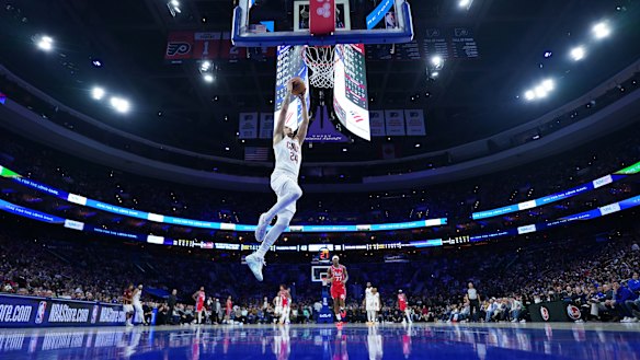 The Cleveland Cavaliers’ Tyrese Proctor goes up for a dunk during the first half of an NBA game against the Philadelphia 76ers last week.