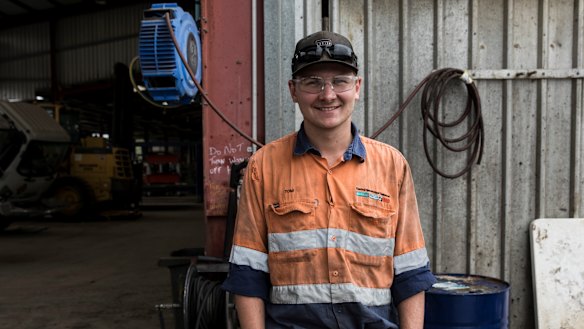 "I'm pretty cranky about it": Apprentice diesel mechanic Tom Stevens at work in Rockhampton.